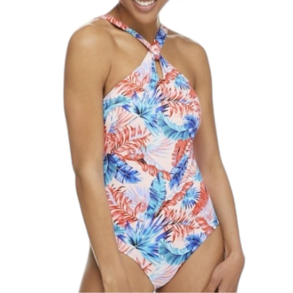 Catalina Swimwear Women's High Neck Keyhole Swimsuit Size 16 Floral Pink Tropics